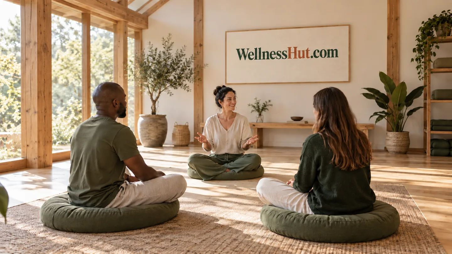 AI-generated illustrative meditation & mindfulness business concept with fictional adults and the WellnessHut.com identity applied to physical materials.