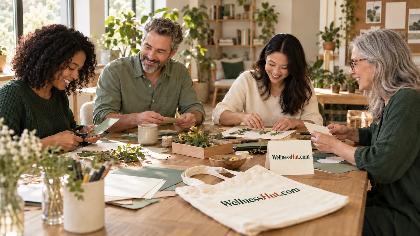 AI-generated illustrative relationships & social well-being business concept with fictional adults and the WellnessHut.com identity applied to physical materials.