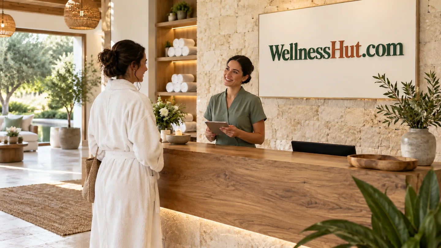 AI-generated illustrative spa, relaxation & thermal experiences business concept with fictional adults and the WellnessHut.com identity applied to physical materials.