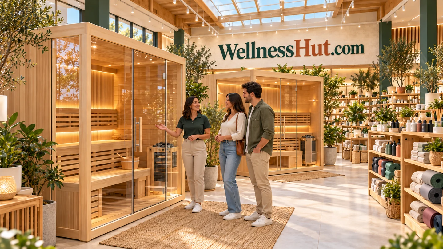 Illustrative home sauna showroom inside the WellnessHut store, with customers viewing wooden and glass sauna units.